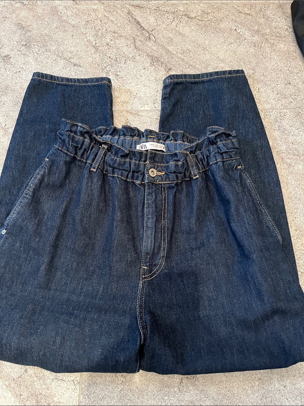 Zara Dark Blue Paperbag Waist Straight Leg Jeans